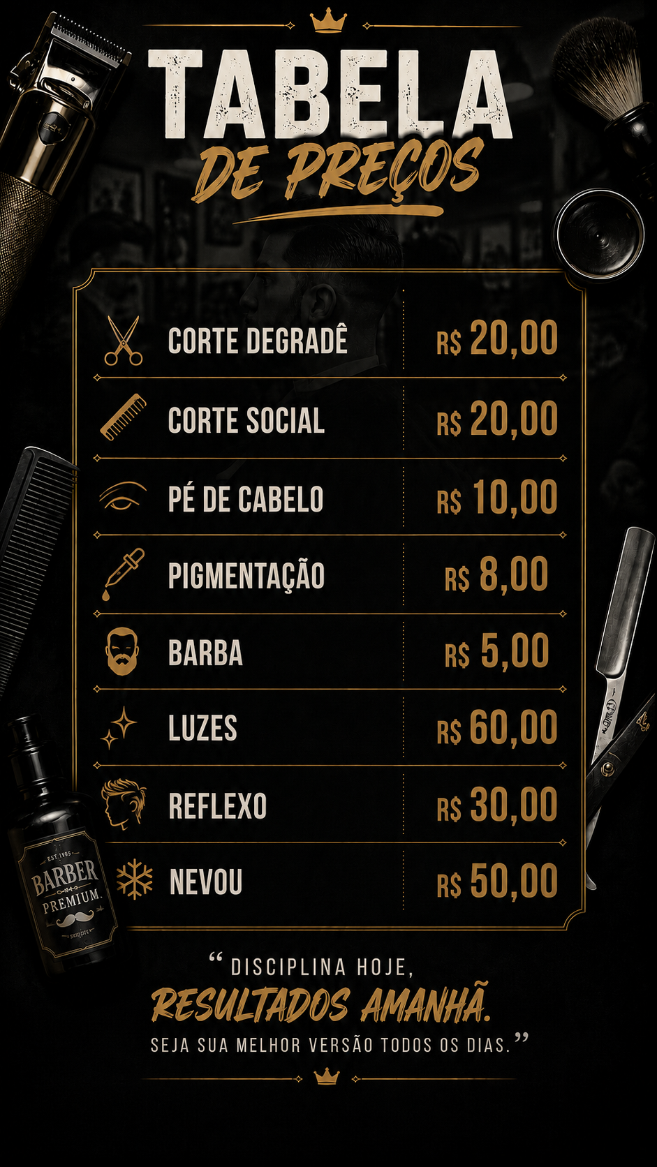 Tabela de preços Alves do Corte: corte degradê R$20, corte social R$20, pé de cabelo R$10, pigmentação R$8, barba R$5, luzes R$60, reflexo R$30, nevou R$50